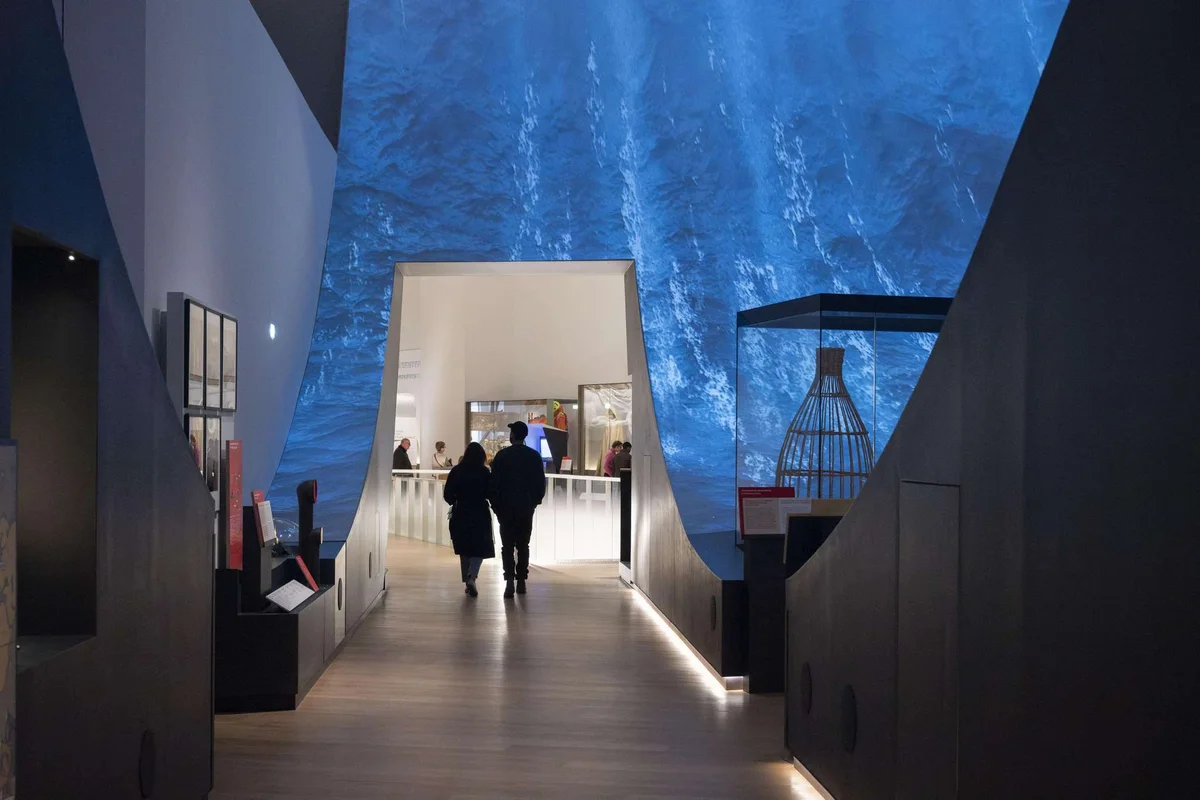 An immersive ocean gallery inside the Musée national de la Marine, a family-friendly museum in Paris at Trocadéro
